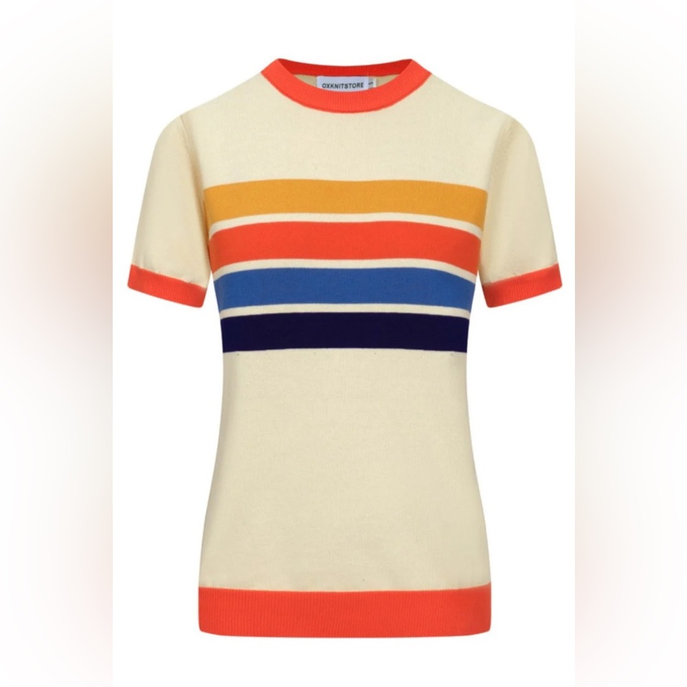Women’s OXKNIT light yellow knitted t-shirt with multicolor stripes